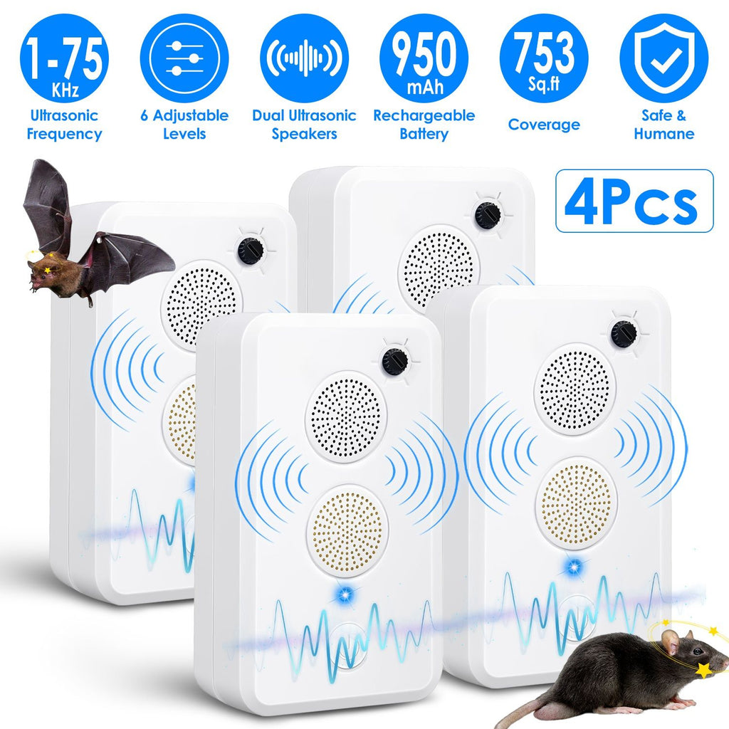 4pcs Ultrasonic Pest Repeller - 1-75KHz Adjustable 6 Levels, Repels Bats Birds Mice, 753Sq.ft Coverage, 950mAh Rechargeable for Indoor Outdoor Use