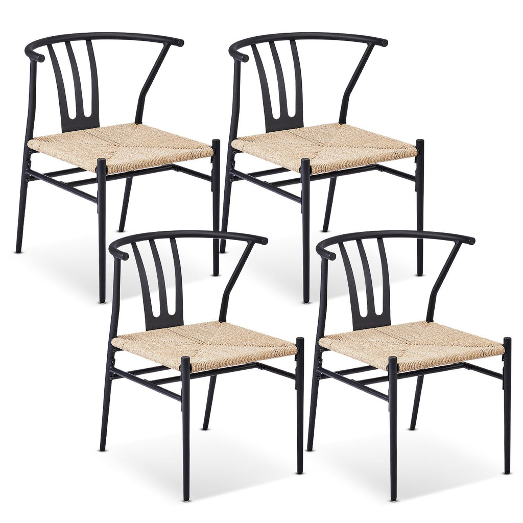 4PCS Weave Dining Chair, Mid-Century Modern Metal Rattan Chair for Kitchen Dining Living Room, Black& Wood Color