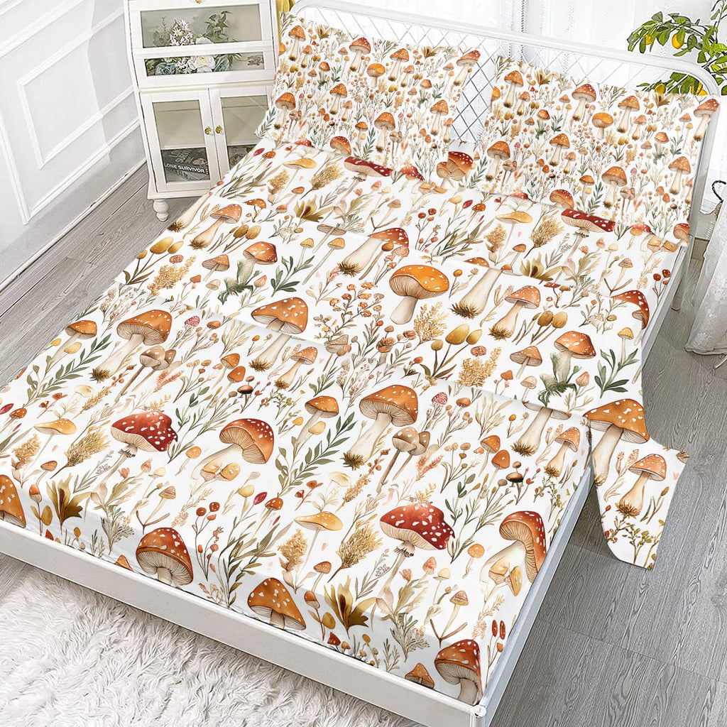 4pcs White-spotted red mushroom flat sheet fitted sheet set(include 2 pillowcases) combination scent of plants flat sheet fitted sheet set (temu is self-pickup only)