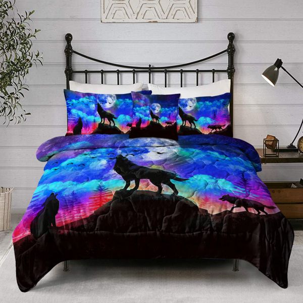 4Pieces set of three wolves howling duvet cover; soft bedding set; comfortable King size of mysterious traditional culture(temu can only be self-picked up)