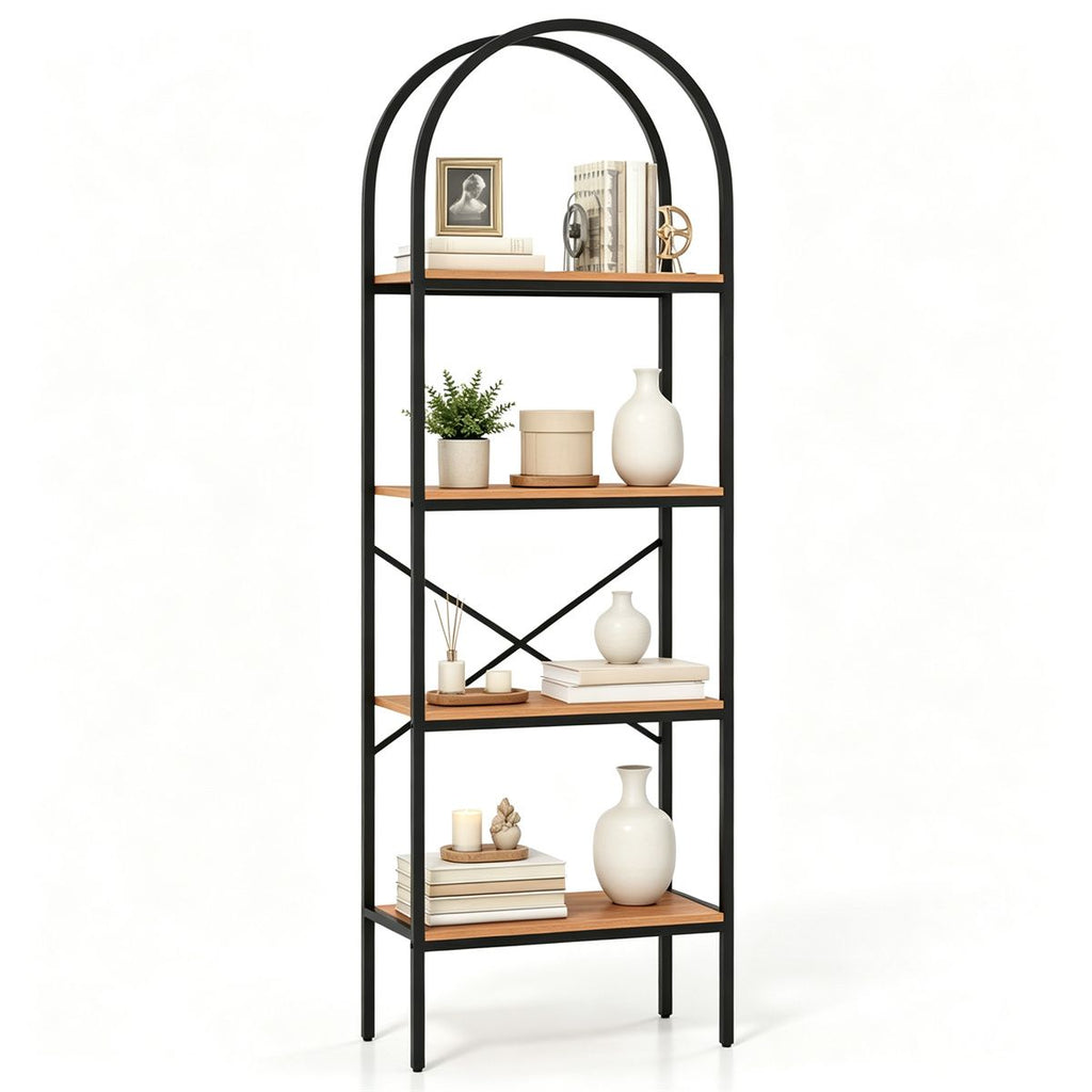 4Tier Arched Freestanding Bookshelf, Industrial Metal Frame Display Storage Rack with AntiTip Kits & Adjustable Foot Pads, Open Bookcase for Living Room Kitchen Home Decor