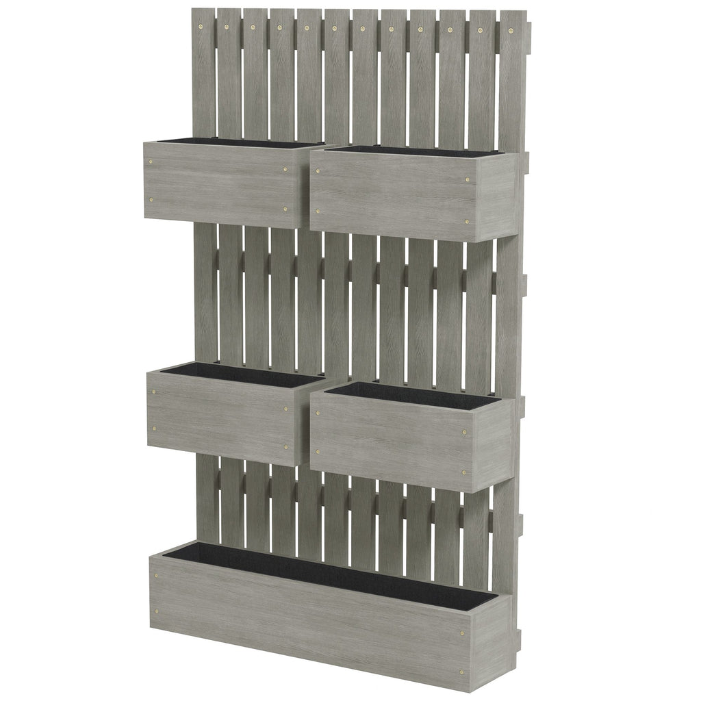 5 Box Raised Garden Bed w/ Trellis for Climbing Plants, Wall-Mounted Wood Planters w/ Drainage Holes, Gray
