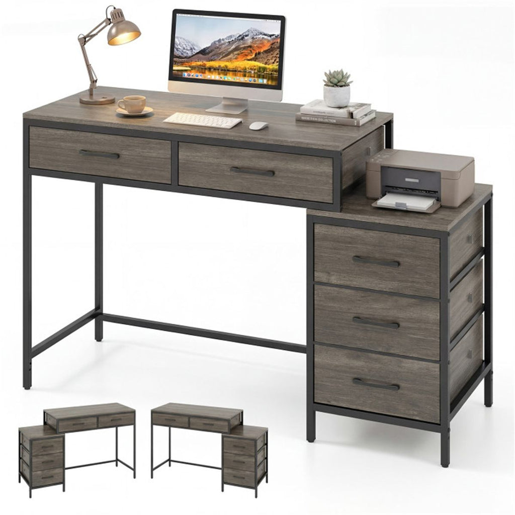 5 Drawer Computer Desk with Reversible Drawers & Printer Shelf, Industrial Home Office Writing Desk with Metal Frame - Oak