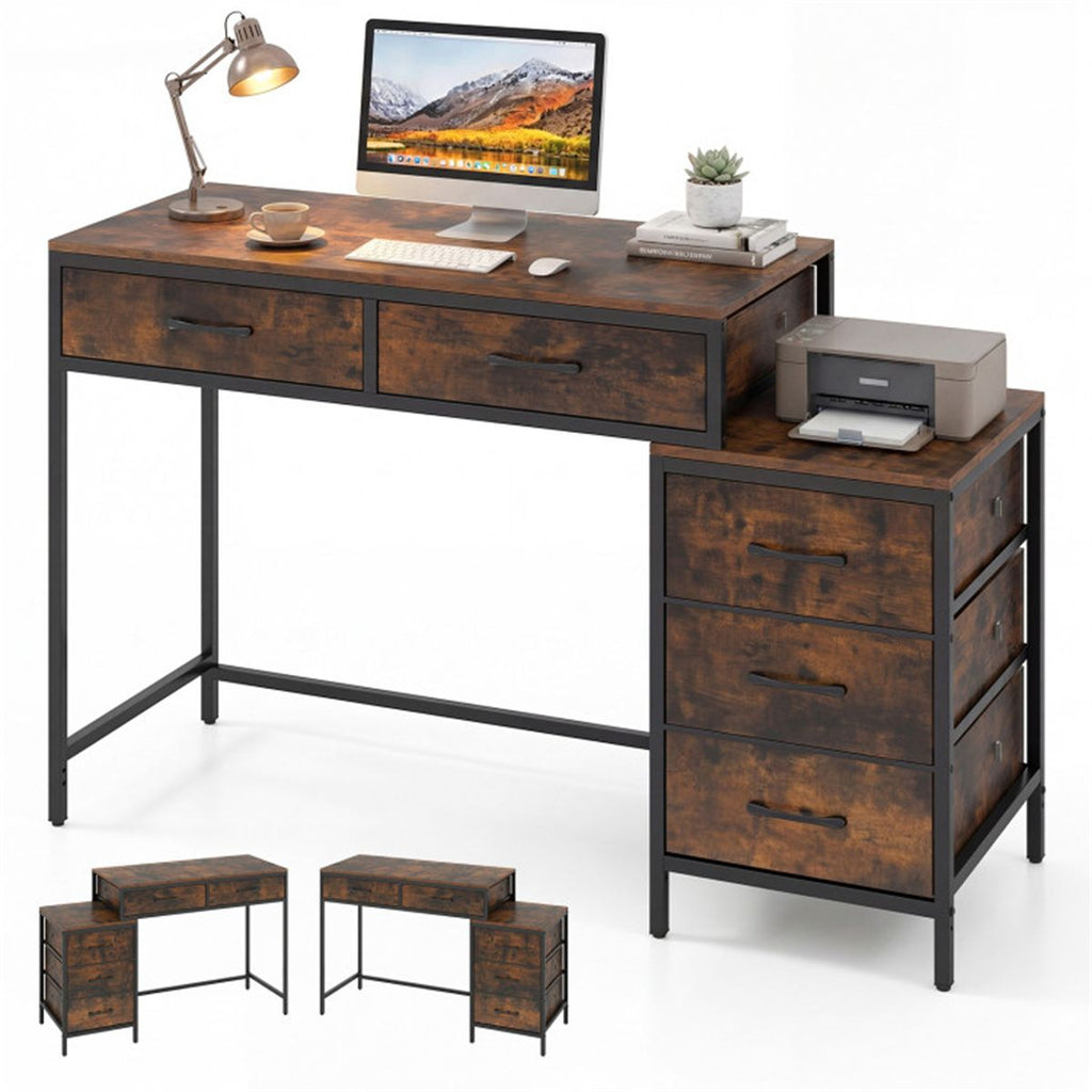 5 Drawer Computer Desk with Reversible Drawers & Printer Shelf, Industrial Home Office Writing Desk with Metal Frame - Rustic Brown