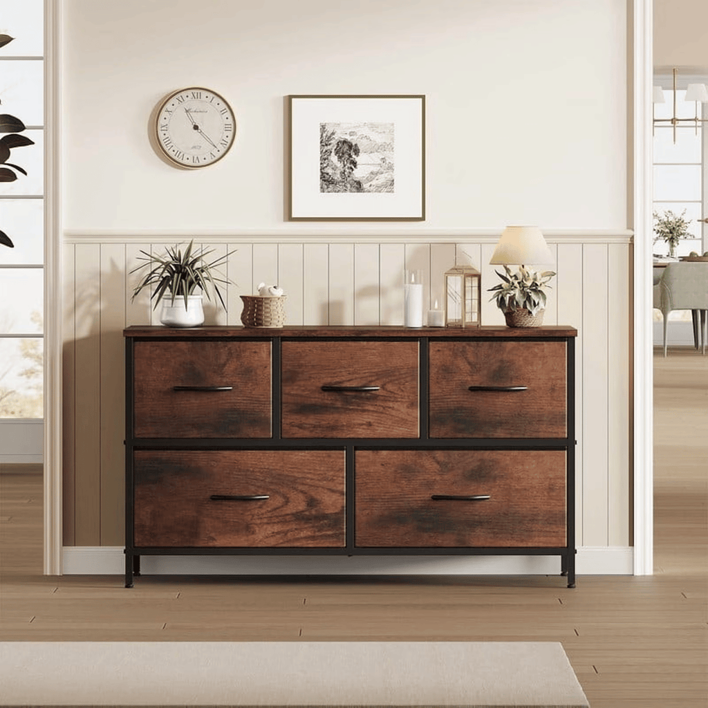 5 Drawer Dresser Fabric Chest of DrawersStorageOrganizer Wood Top SurfaceforTV, Rustic Brown