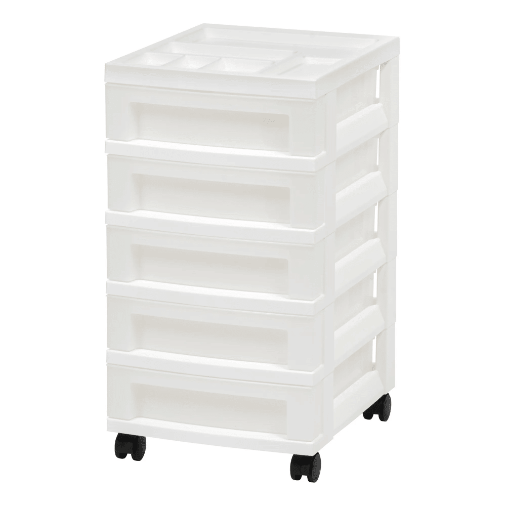 5-Drawer Narrow Plastic Storage Drawer Cart with Organizer Top, White