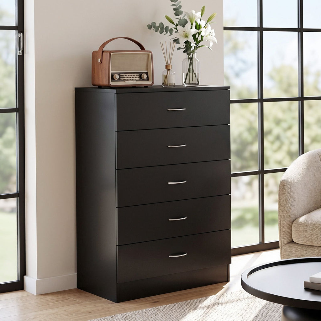 5-Drawer Particleboard Chest with Melamine Finish Drawer Dresser 26*13*39in Black