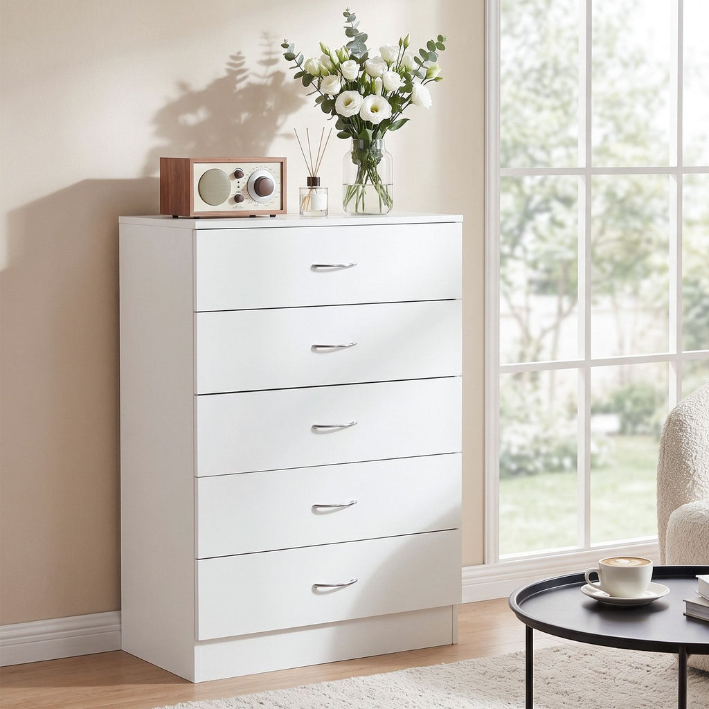 5-Drawer Particleboard Chest with Melamine Finish Drawer Dresser 26*13*39in White