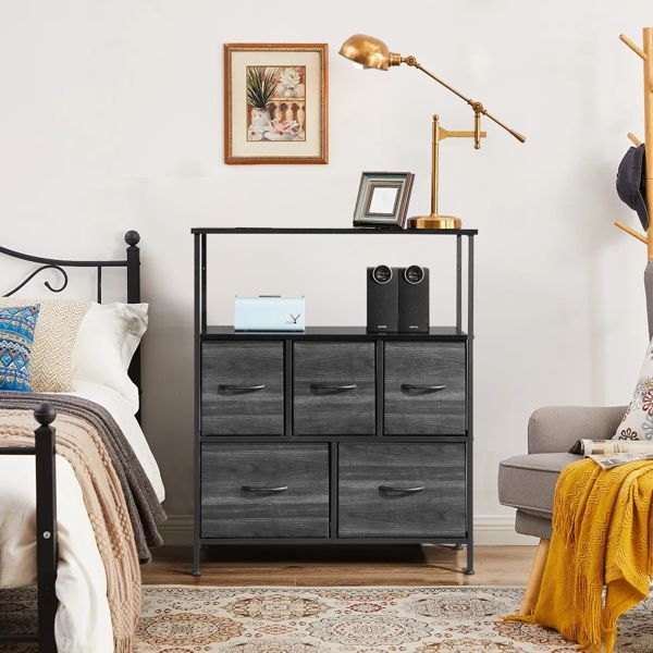 5 drawers, 2 large and 3 small, with top shelf, non-woven storage cabinet, cationic cloth surface + non-woven fabric drawer + particle board + iron frame 80*30*96.5cm, black wood grain drawer surface