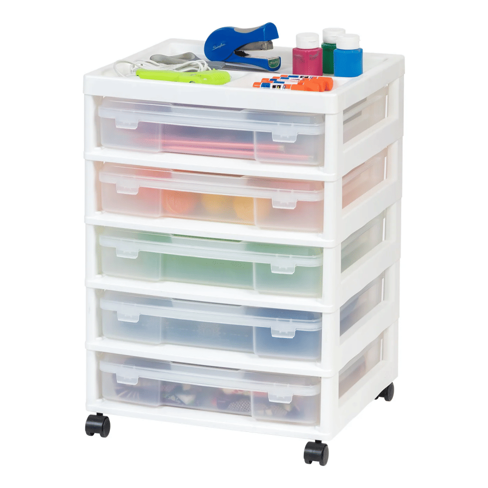 5 Drawers Scrapbook Plastic Rolling Storage Cart with Organizer Top with Casters, White