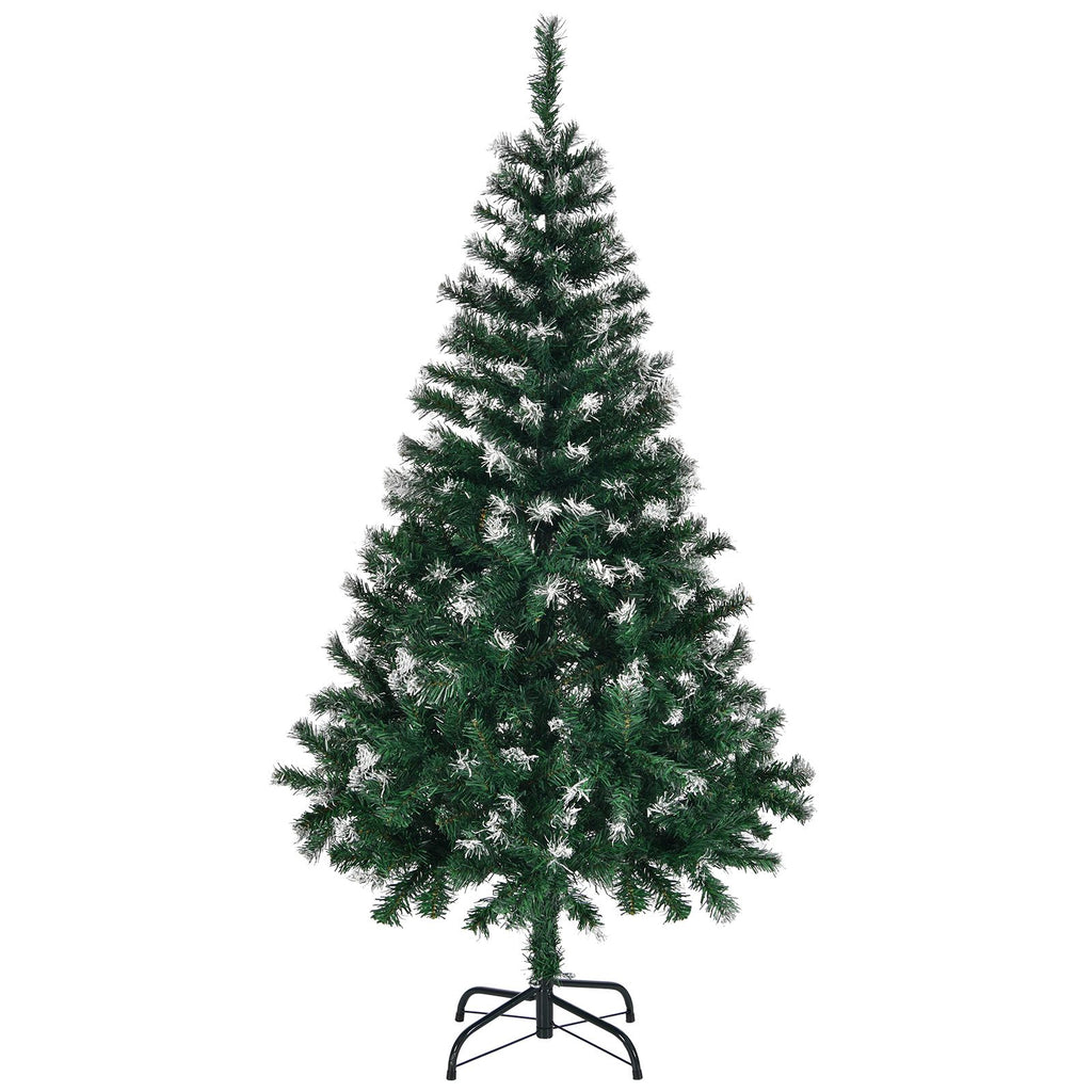 5 FT Artificial Snow Tipped Christmas Tree, Unlit Christmas Pine Tree with 480 Branch Tips and Sturdy Metal Stand for Office Home Store Party Holiday Decor, Green & Snow Tipped