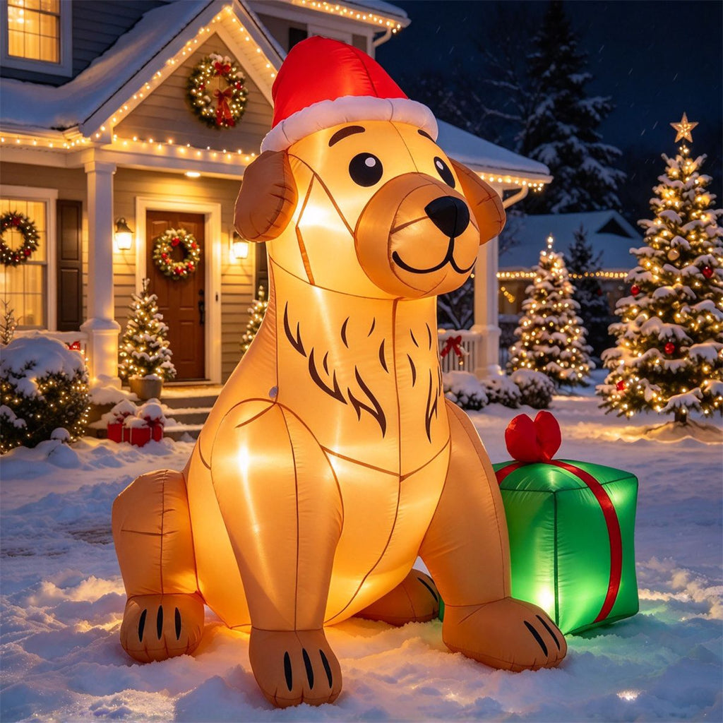 5 FT Christmas Inflatable Golden Retriever with Christmas Hat & Gift Box, Built-in LED Lights, Blow Up Dog Decor for Yard Porch Indoor Outdoor Holiday Party