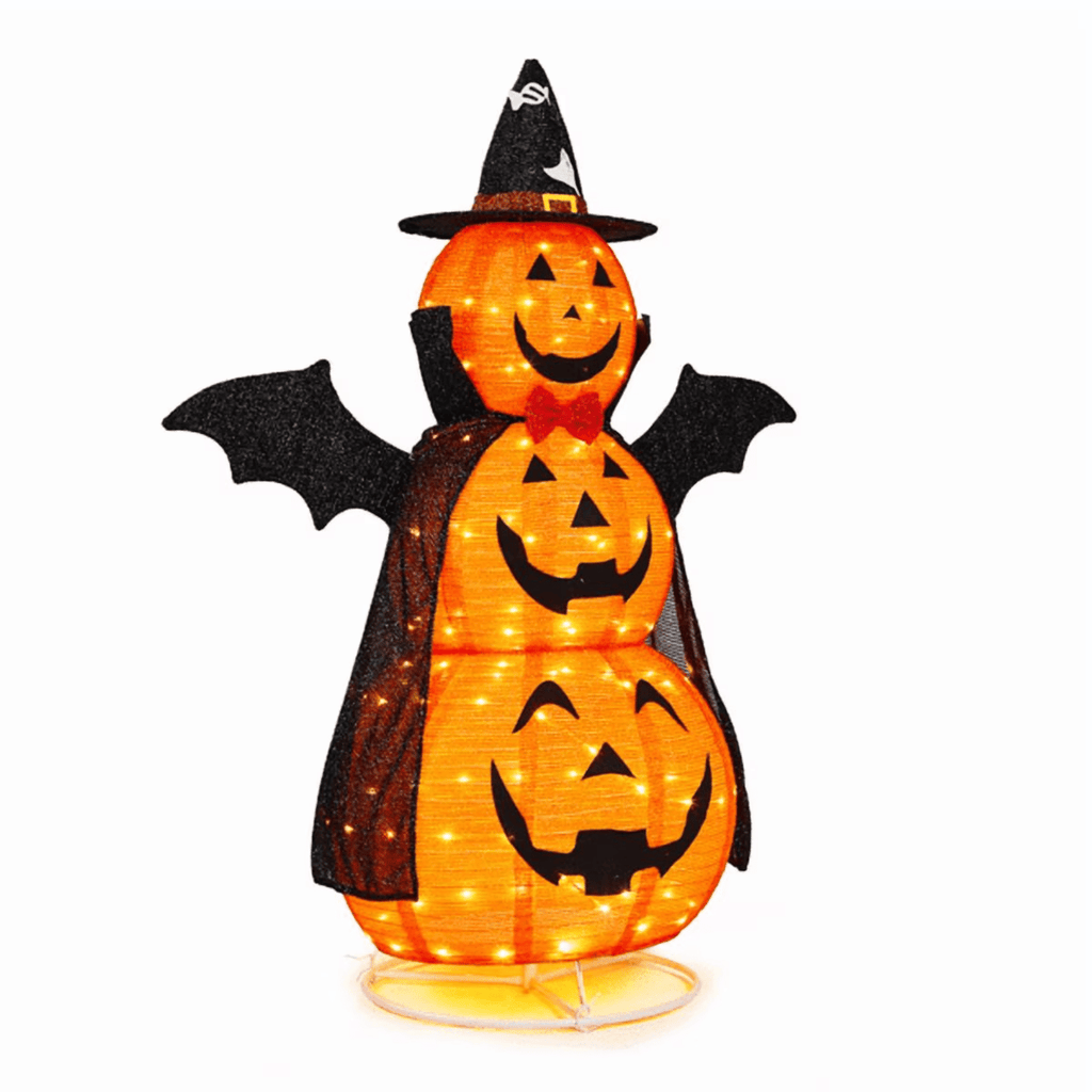 5 ft Lighted 3-Tier Pop-Up Pumpkin Halloween Decoration with Witch Hat, Cape, Bat Wings and 130 Warm White LEDs, Orange