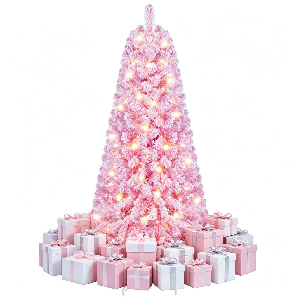 5 FT Pre-Lit Flocked Pink Christmas Tree with 8 Lighting Modes Warm White LED Lights, Hinged Structure Flame-Retardant PVC Tree for Holiday Home Deco