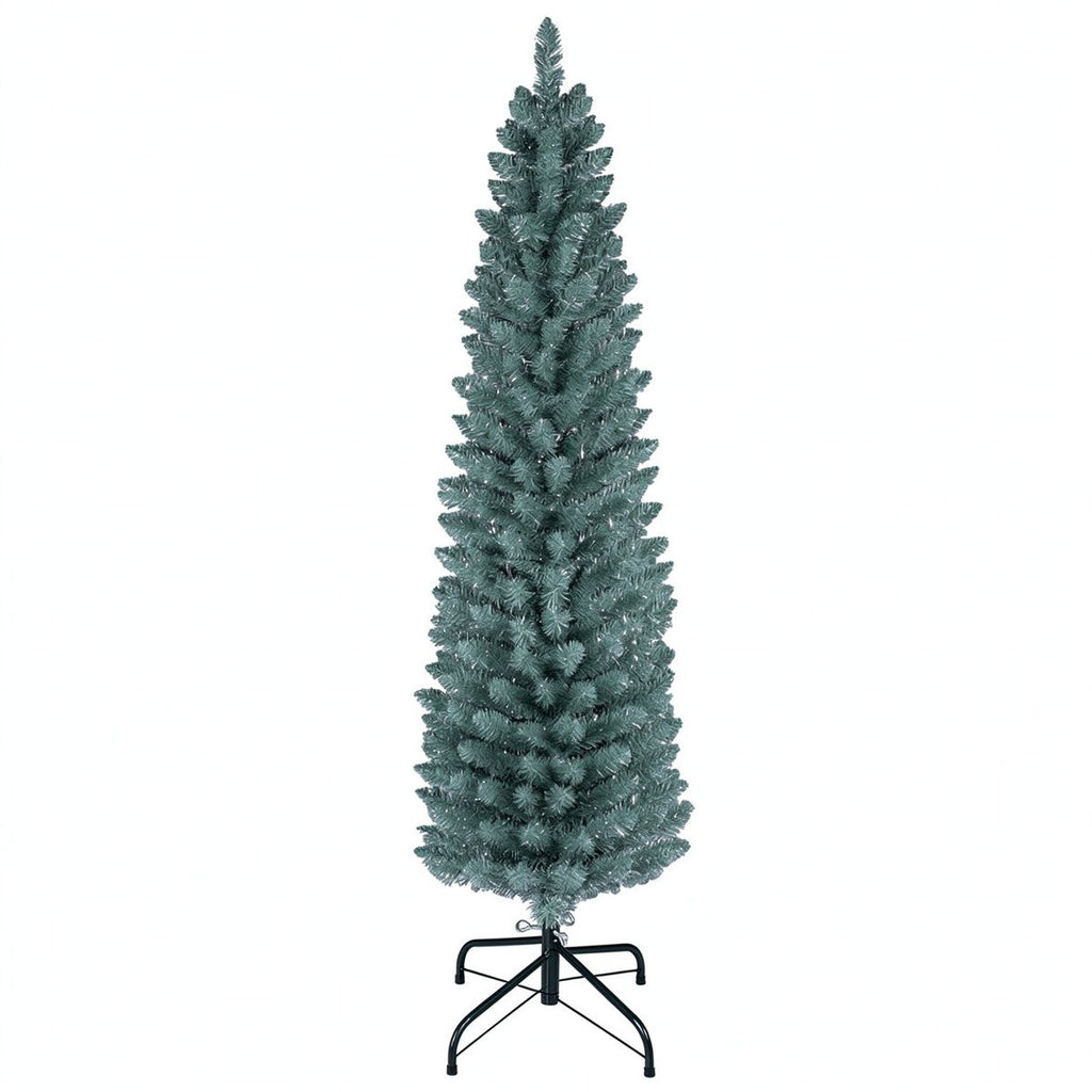 5 FT Slim Pencil Artificial Christmas Tree, Frosted Gray-Green & Silver Needles, Flame Retardant PVC, Foldable Crossed Metal Base for Small Spaces Indoor Holiday Decor