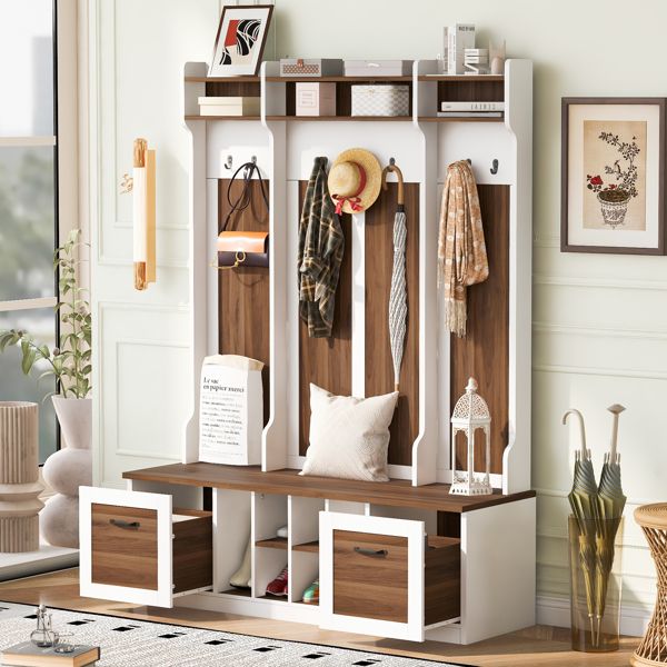 5-in-1 Entryway Bench with Coat Rack, 7 Sturdy Hooks, 2 Spacious Drawers and Adjustable Shelves, 58.8'' Wide Hall Tree with Metal Handles for Hallway, Entryway, Living Room