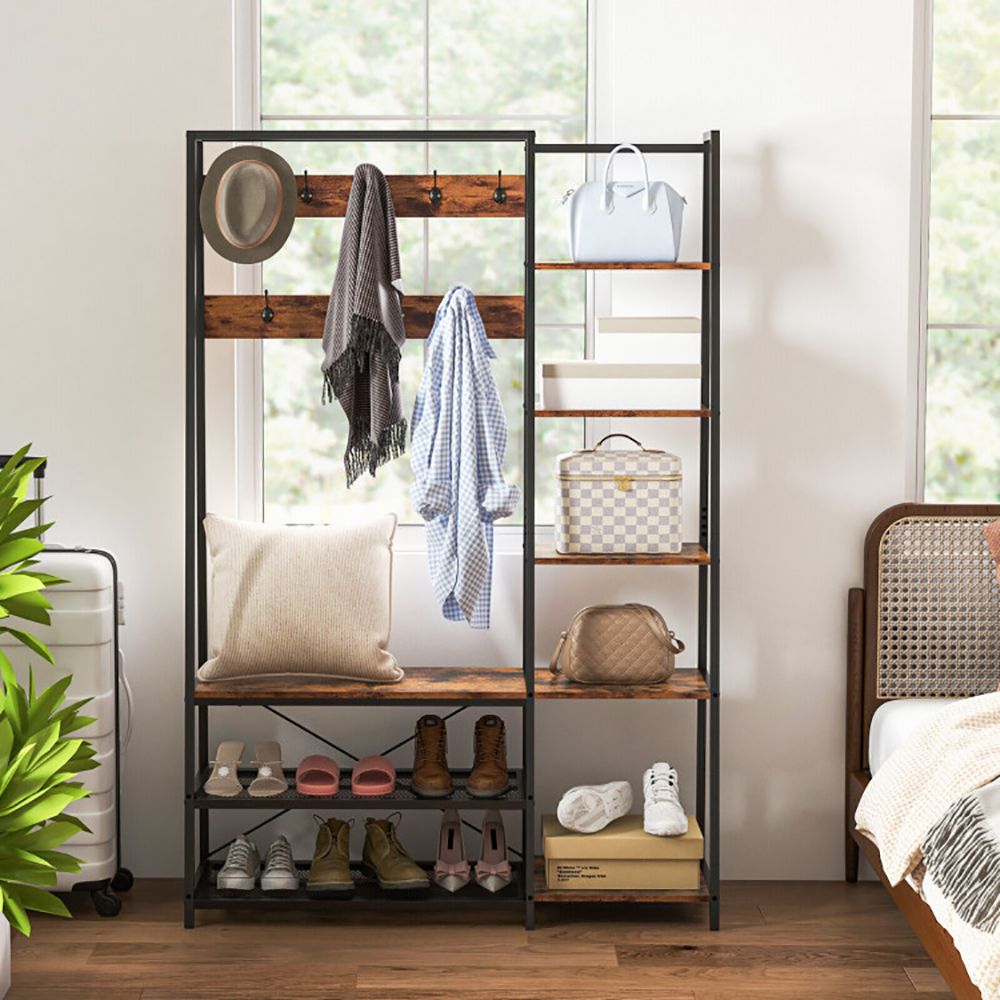 5-in-1 Entryway Hall Tree with Storage Bench with 9 Hooks