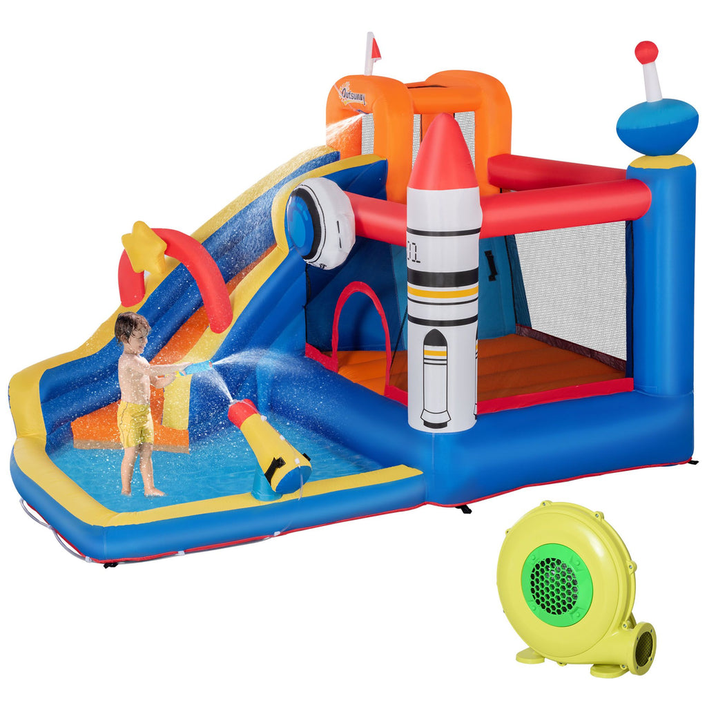 5-in-1 Inflatable Kids Space Theme Water Slide Bounce House with Trampoline, Pool, Cannon, Climbing Wall & 450W Blower