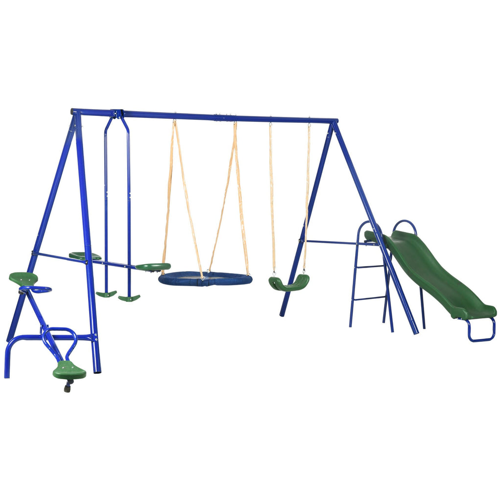 5-in-1 Swing Set With Glider, Heavy Frame Outdoor Playset for Kids, with Saucer Swing, Slide, Seesaw, Glider, Swing Seat, Blue