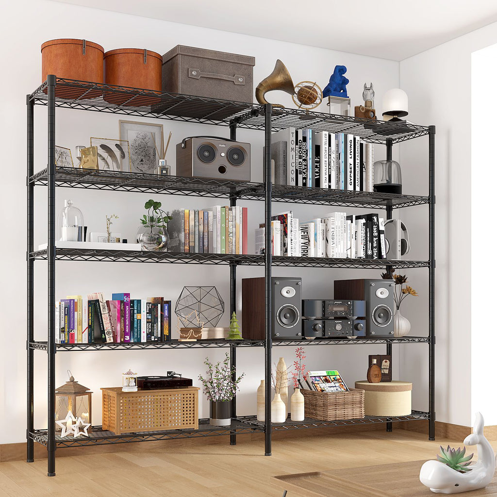 5-layer double row, freely adjustable layer spacing, with adjustable feet, display stand, iron, 177*40*180cm, powder-coated black