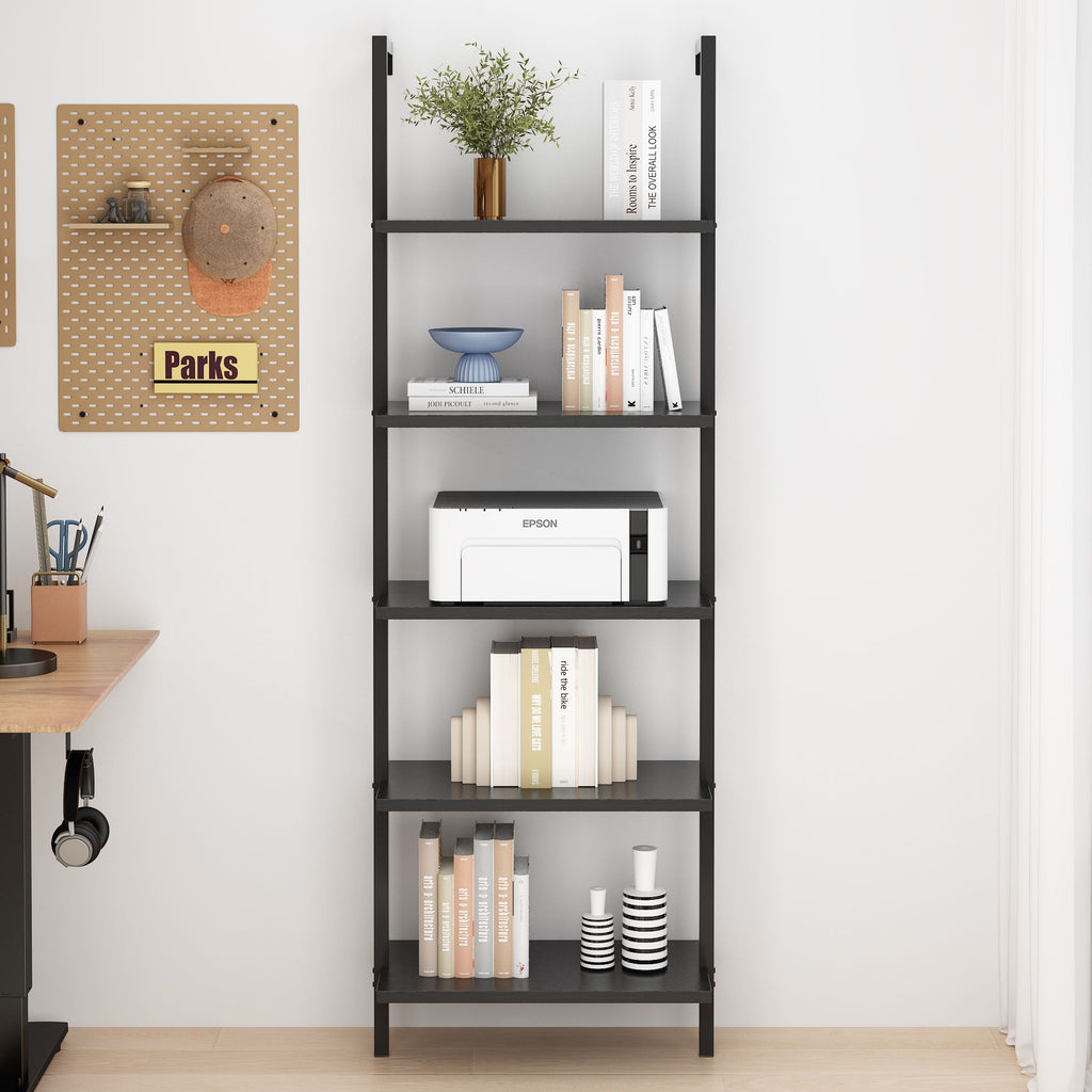 5-Layer Wall-Mounted Density Board Iron Frame Display Rack 23.62*11.81*70.87in Black Walnut Wood Panels + Black Frame