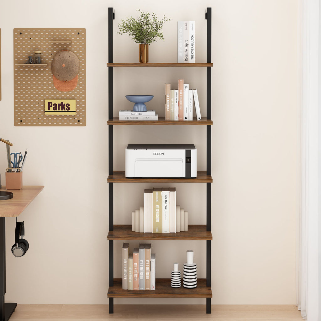 5-Layer Wall-Mounted Density Board Iron Frame Display Rack 23.62*11.81*70.87in Retro Brown with Black Frame