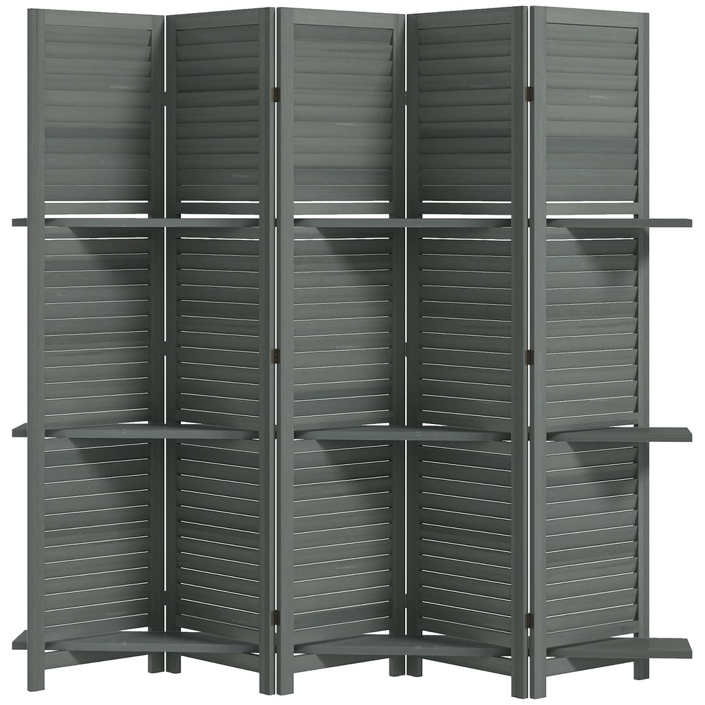 5 Panel 67" Tall Wood Privacy Screen Room Divider with 3 Shelves and Folding Storage for Bedroom, Gray