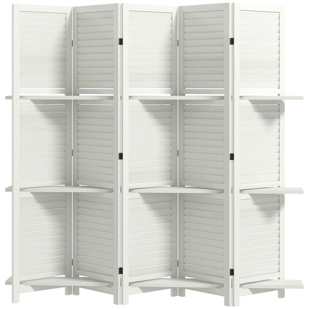 5 Panel 67" Tall Wood Privacy Screen Room Divider with 3 Shelves and Folding Storage for Bedroom, White