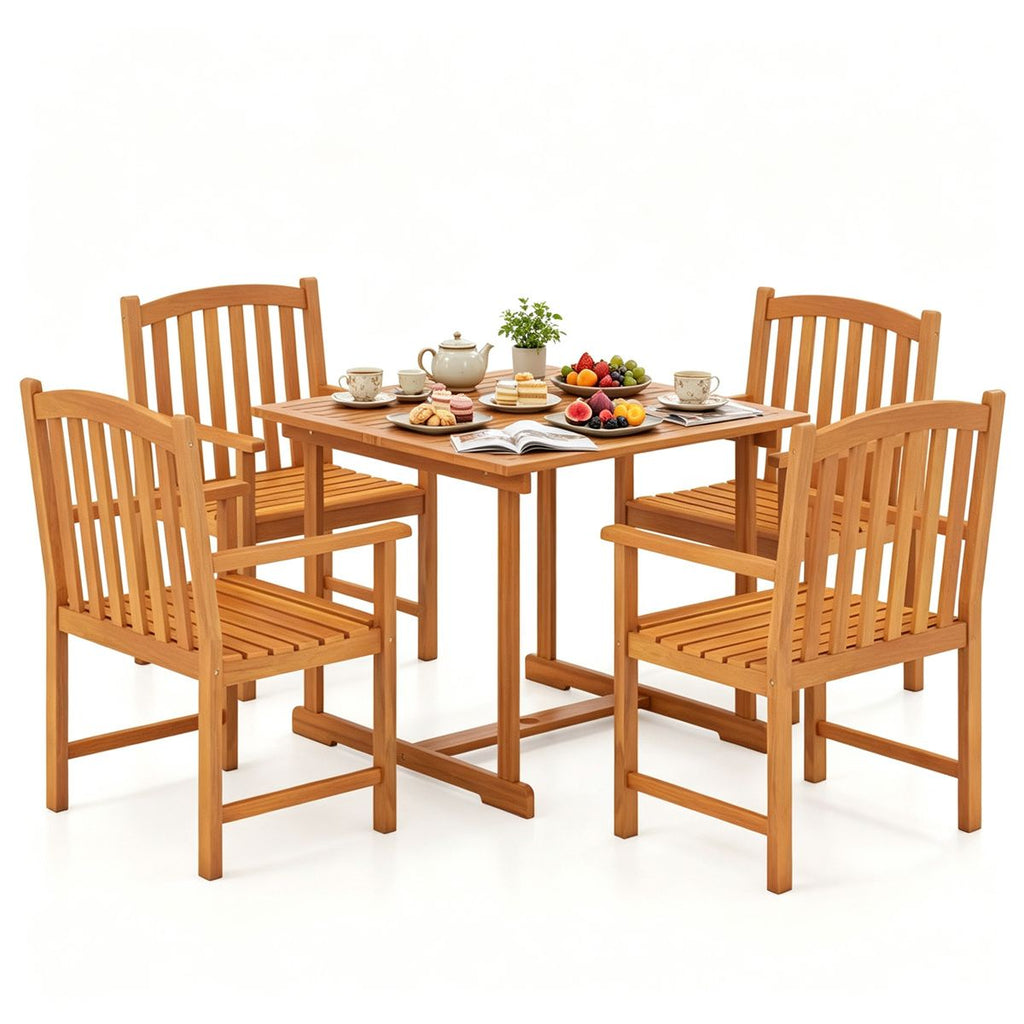 5-Piece Acacia Wood Patio Dining Set, 4-Person Outdoor Square Table & Armchair Set with Umbrella Hole, Slatted Breathable Furniture for Backyard Balcony Poolside