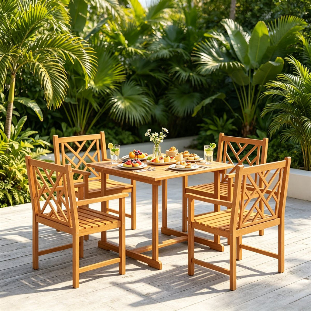5-Piece Acacia Wood Patio Dining Set for 4, Square Outdoor Table with Umbrella Hole & Ergonomic Slatted Armchairs, Breathable Backyard Balcony Furniture Set