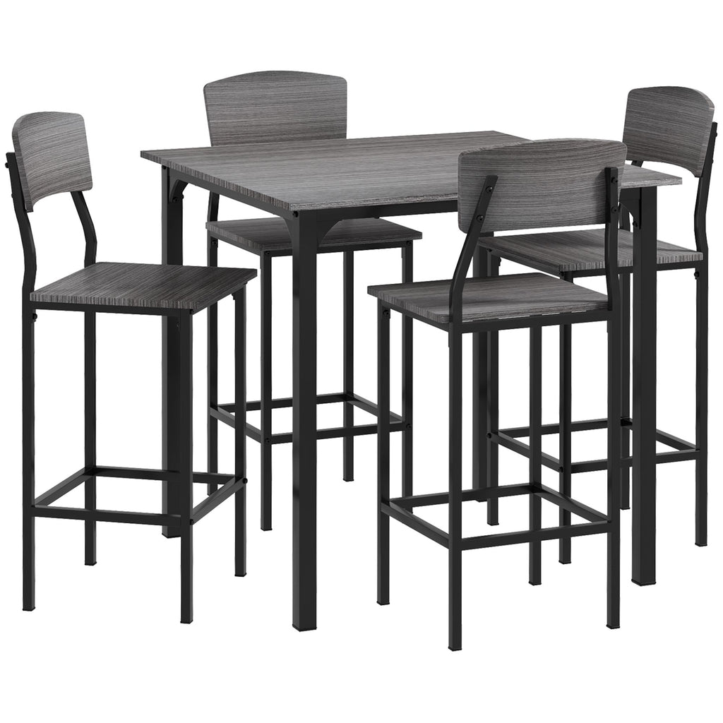 5-Piece Counter Height Bar Table with Space-Saving Design, Square Kitchen Table and Chairs Set with Footrest, Metal Legs, Industrial Dining Table Set for 4, Gray