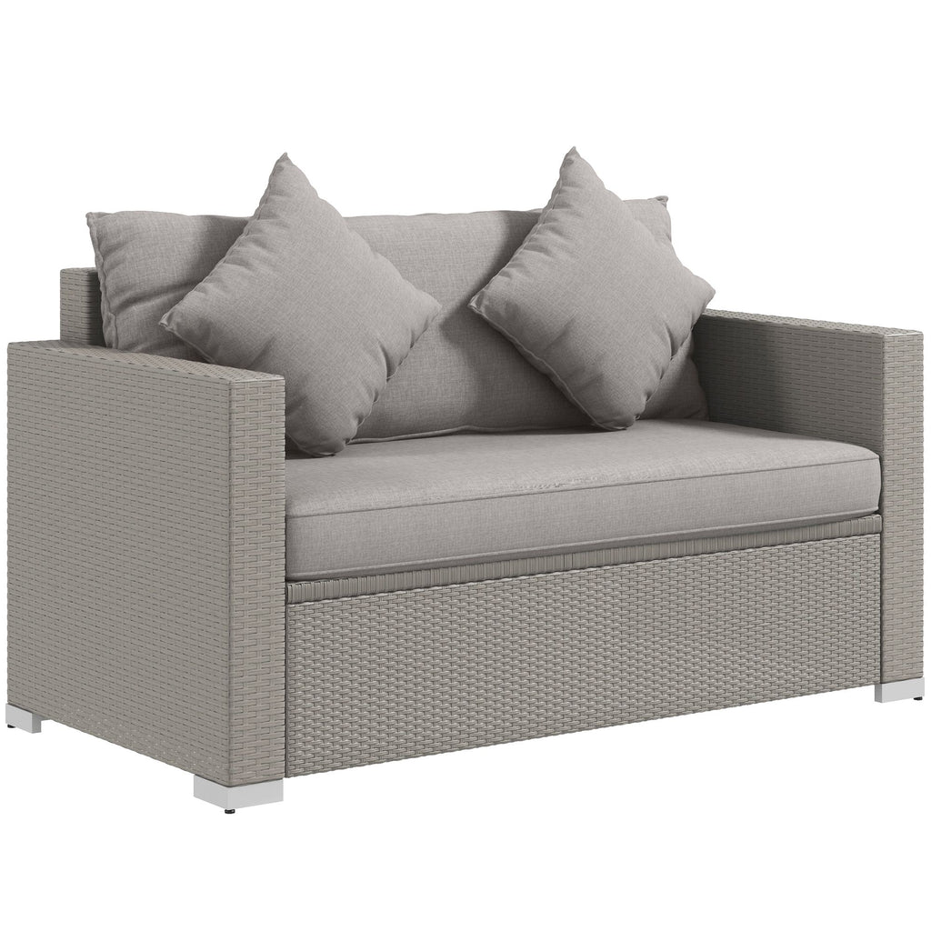 5-Piece Cream White Rattan Patio Set: Includes Sofa, Chaise Lounge, Coffee Table, Footstools with Cushions|