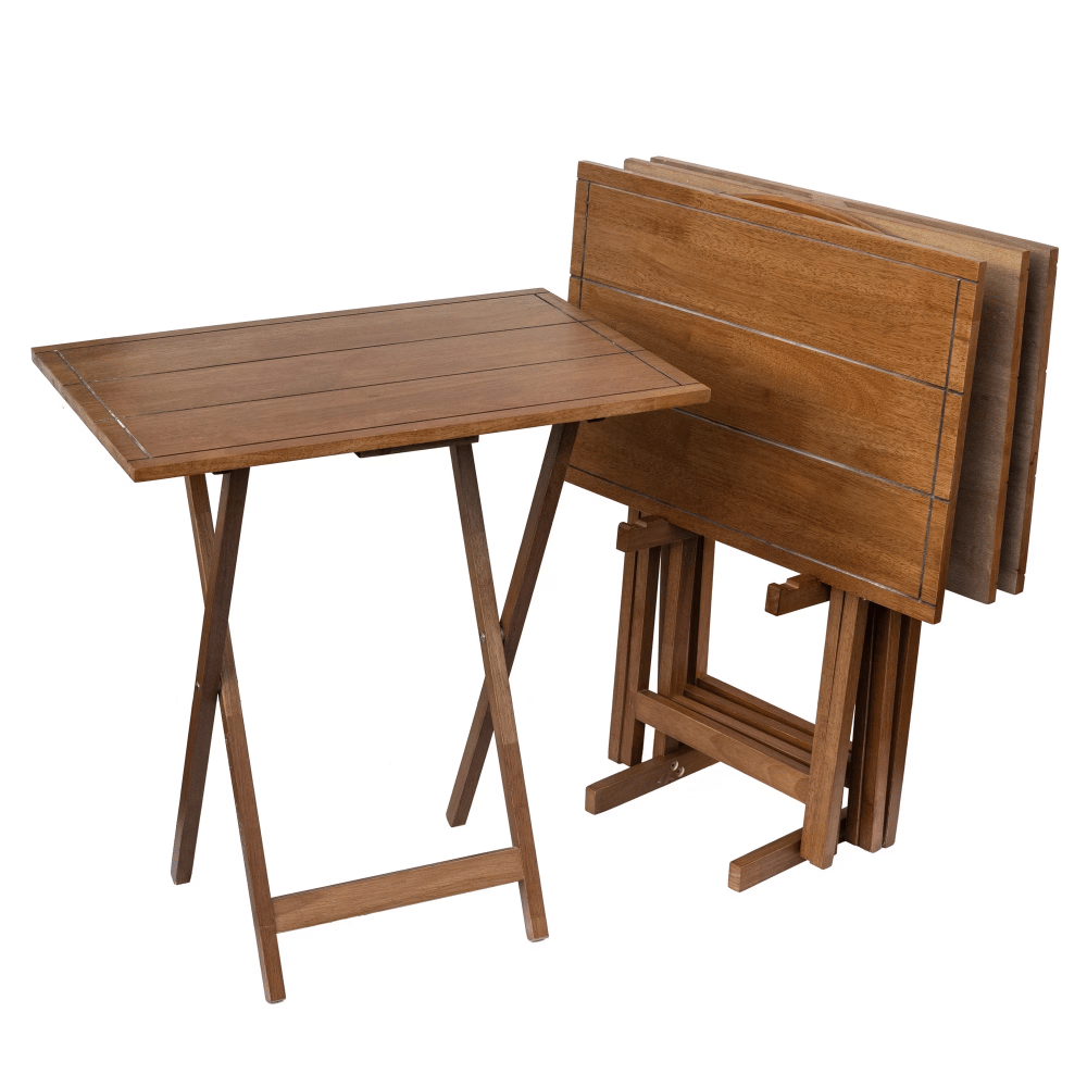 5-Piece Farmhouse XL Oversized Rubberwood Folding TV Tray Set of 4 withStorageRack, Walnut