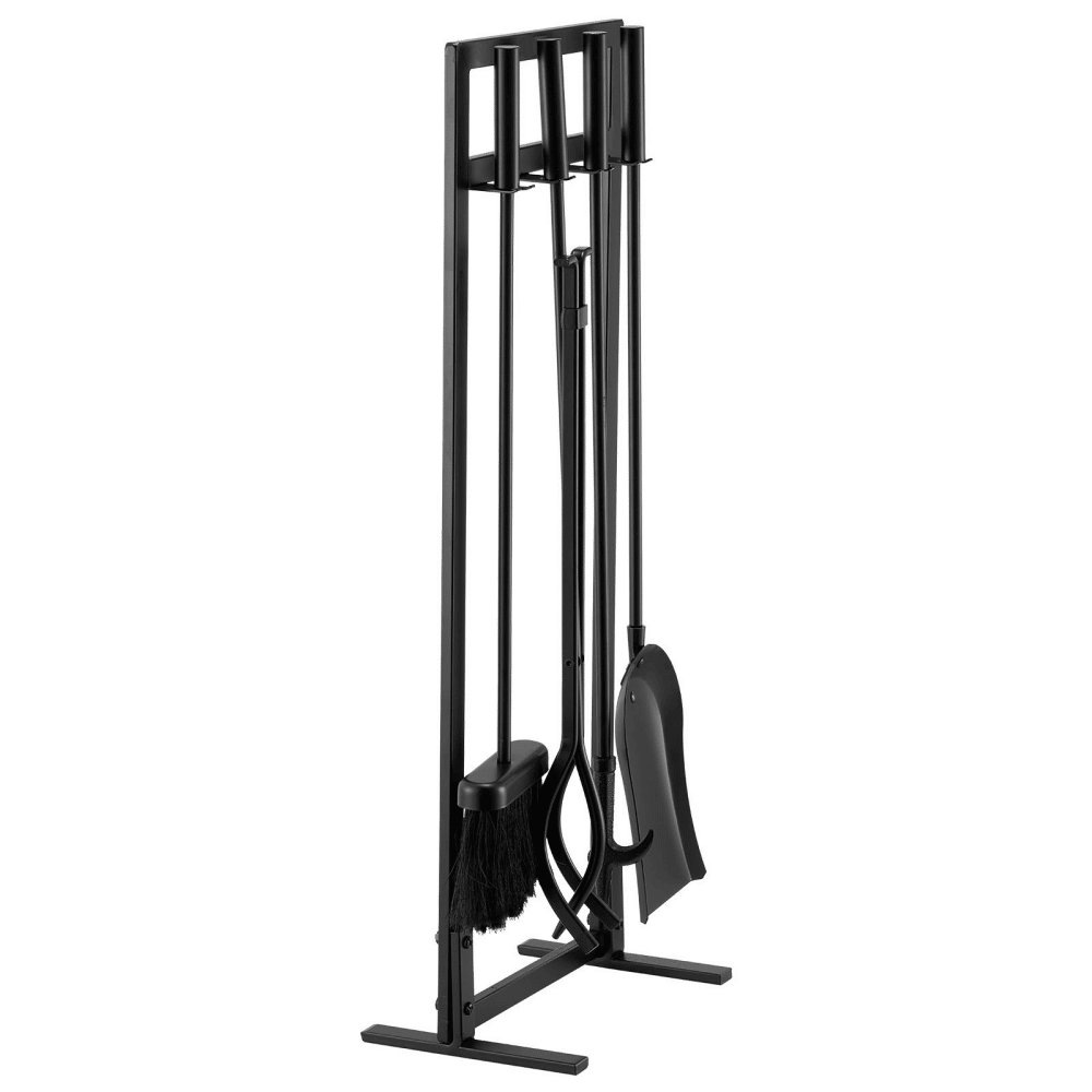 5-Piece Fireplace Tool Set with Square Stand, Includes Tongs, Ash Shovel, Brush, Poker, and Wrought Iron Steel HolderforIndoor and Outdoor Use, Black