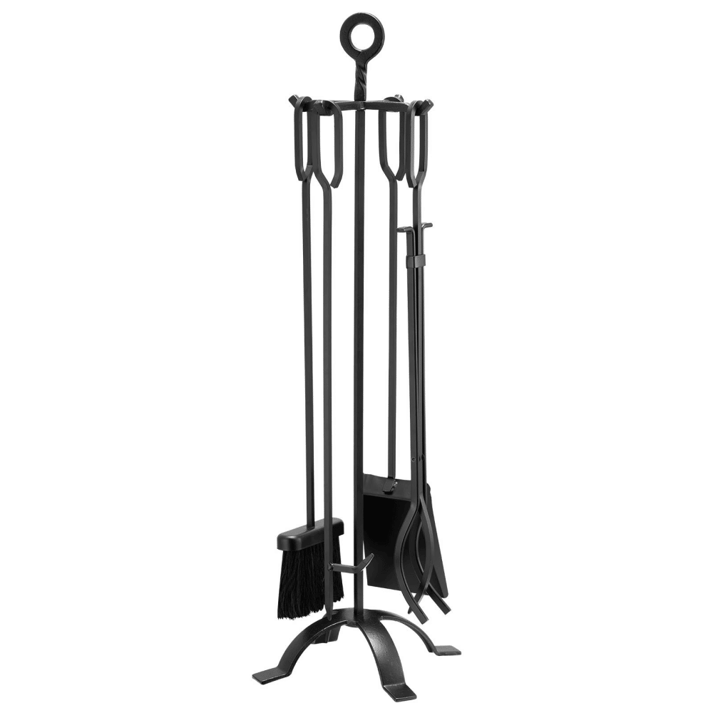 5-Piece Fireplace Tool Set with Stand, Includes Tongs, Ash Shovel, Brush, Poker, and Four-Prong Holder, Durable Wrought IronDesignforIndoor and Outdoor Use, Black