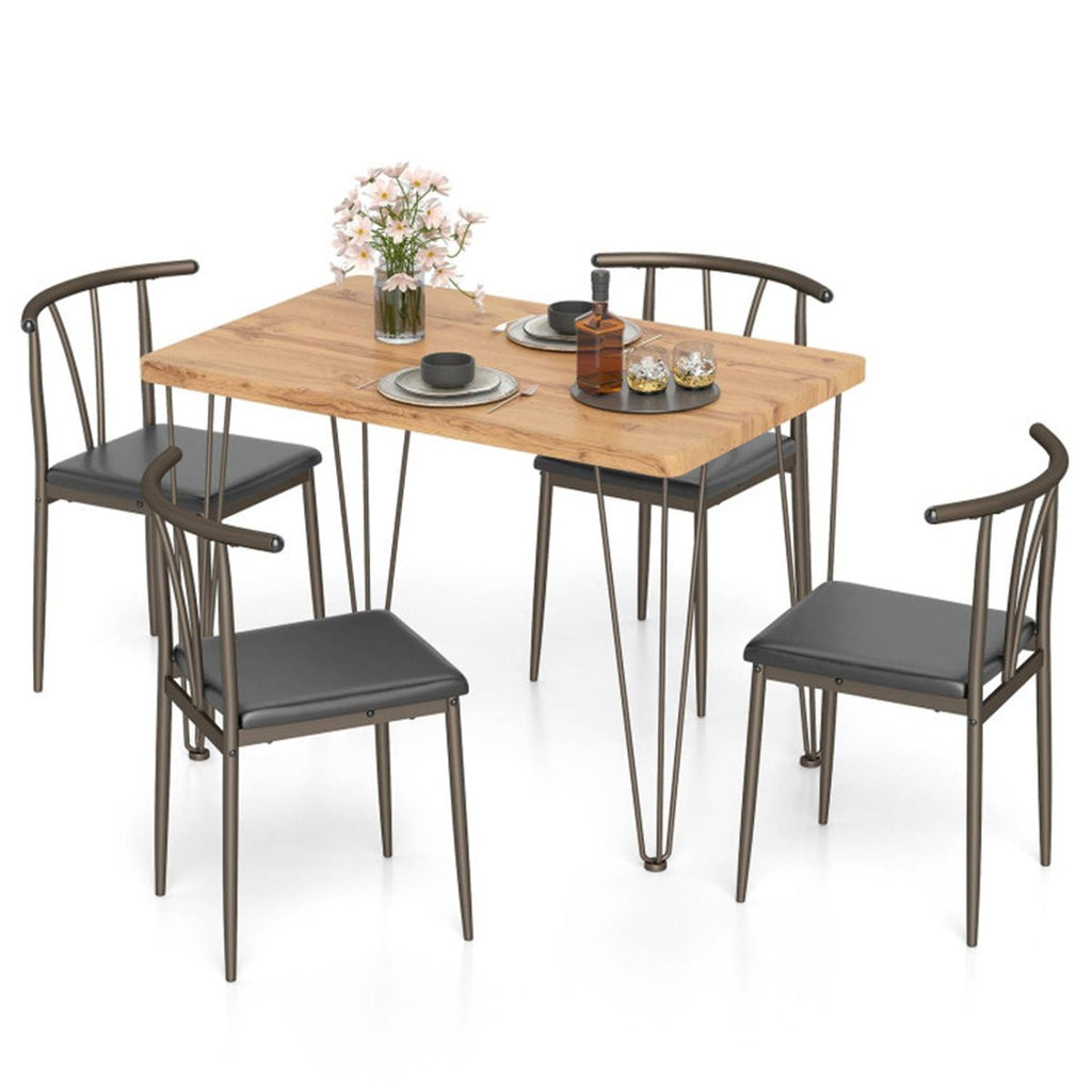 5-Piece Industrial Dining Table Set for 4, Rustic Oak Kitchen Table with 4 PU Leather Chairs