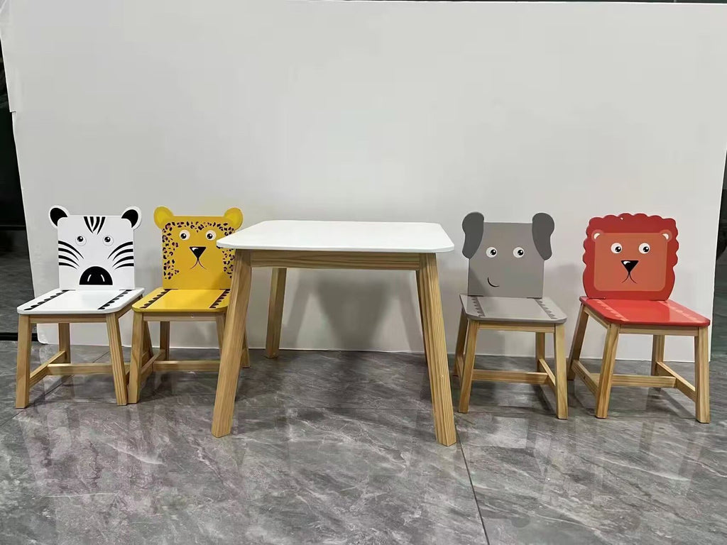 5 Piece Kiddy Table and Chair Set , Kids Wood Table with 4 Chairs Set Cartoon Animals (bigger table) (3-8 years old) -Does not support self pick up