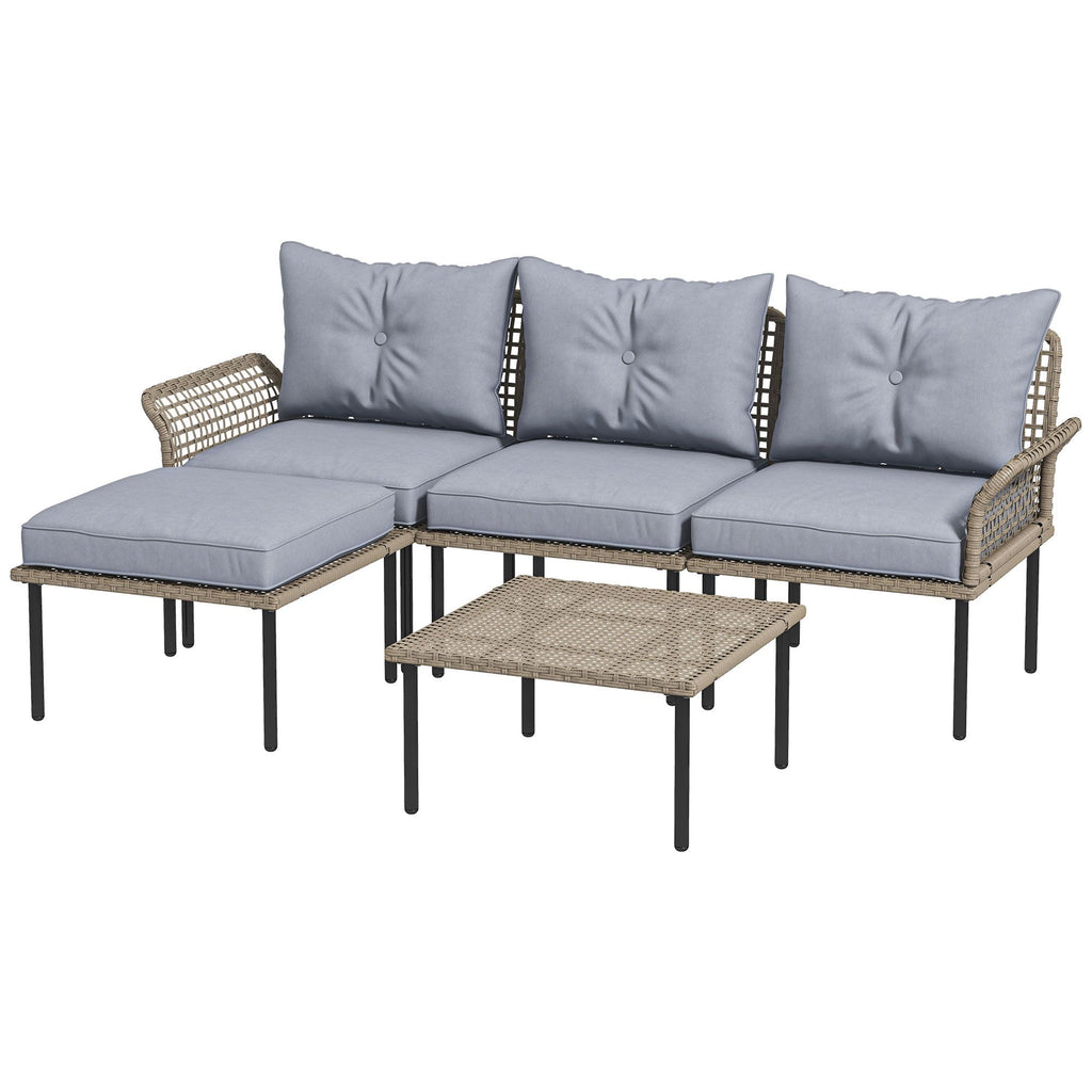5-Piece Rattan Patio Set with Sofa Chaise Lounge Coffee Table Footstools Cushions Light Gray