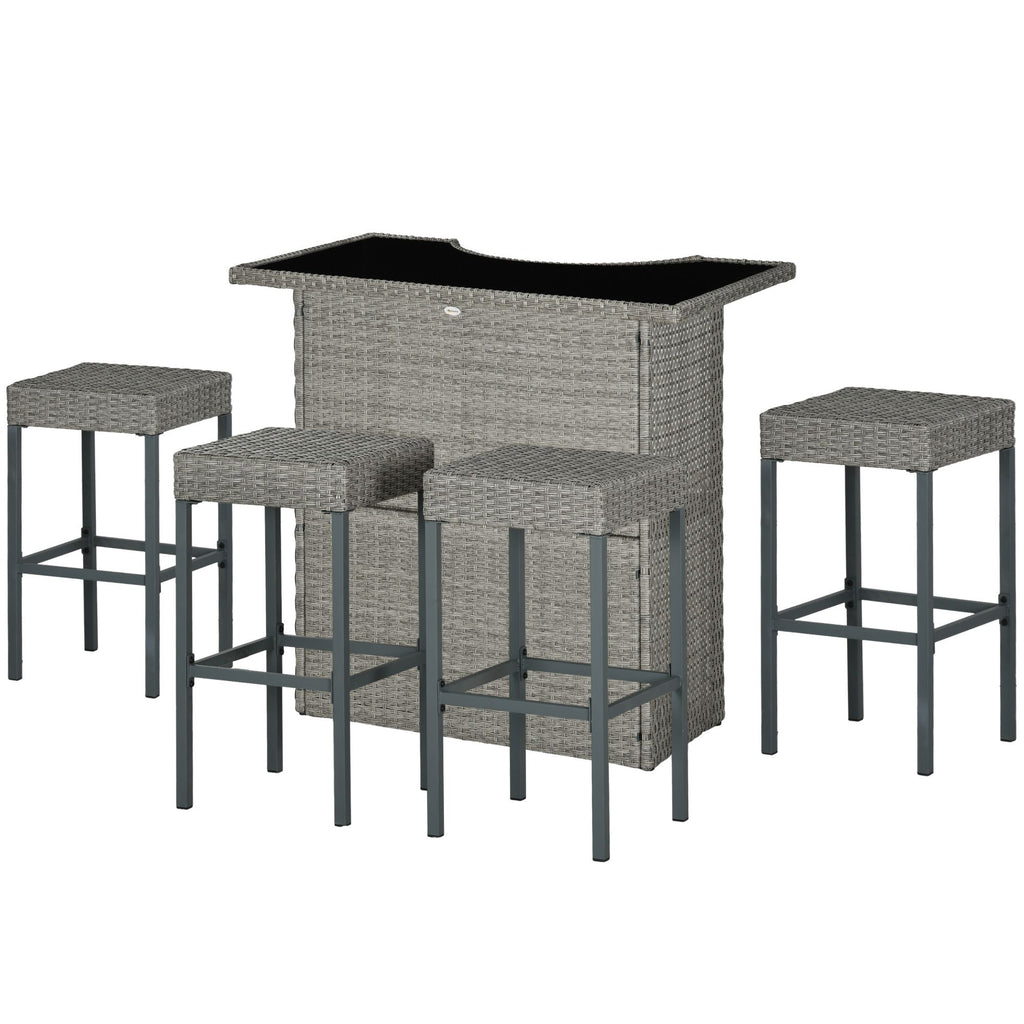 5 Piece Rattan Wicker Bar Set, High Top Outdoor Table and Chairs, Bar Height Patio Set, 2 Shelves & 4 Bar Stools, Gray