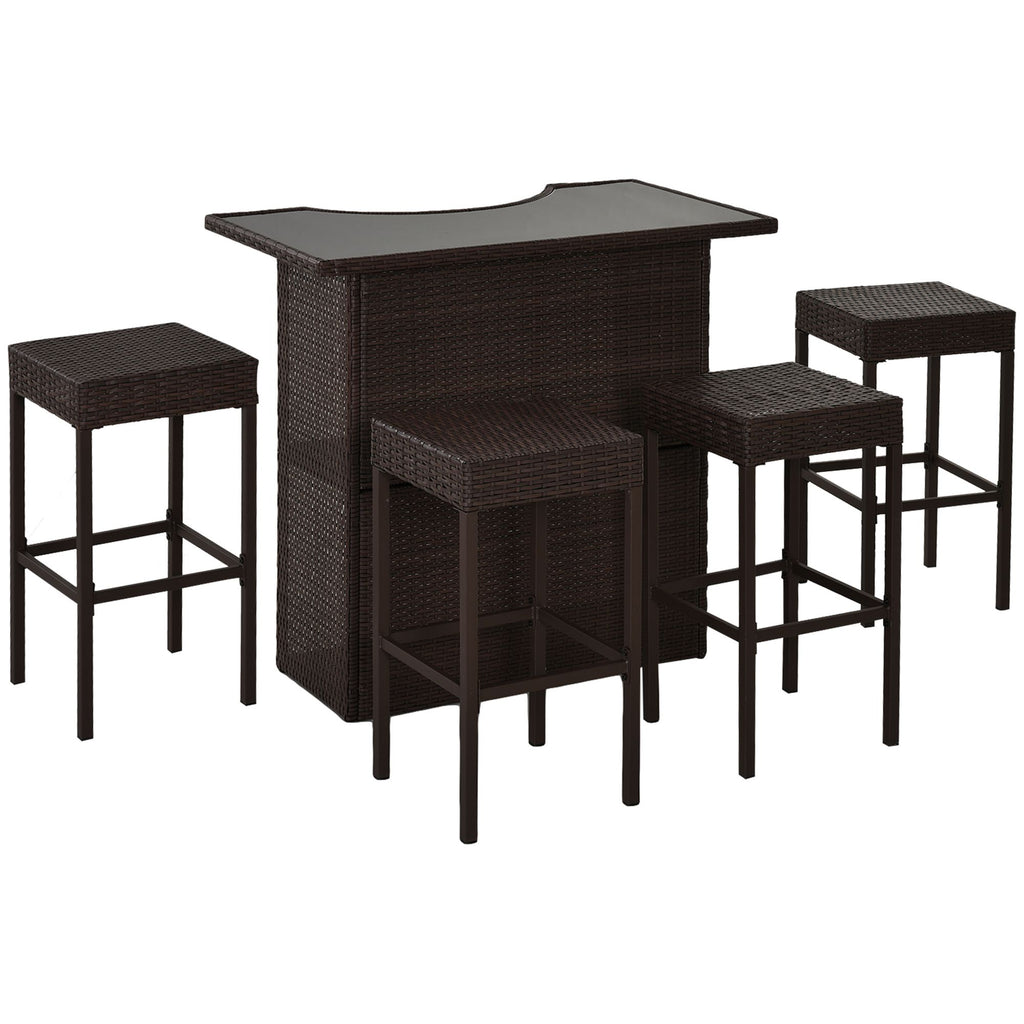 5-Piece Rattan Wicker Bar Set with Glass Top Table, 2 Tier Storage Shelf, and 4 Bar Stools for Outdoor, Patio, Garden, Brown