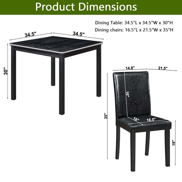 5 Piece Wooden Dining Table Set, Kitchen Table Set with a Square Table and 4 Upholstered Chairs, Wooden Dining Room Table with Crystal Decoration and Chairs Set for Kitchen, Dining Room, Black
