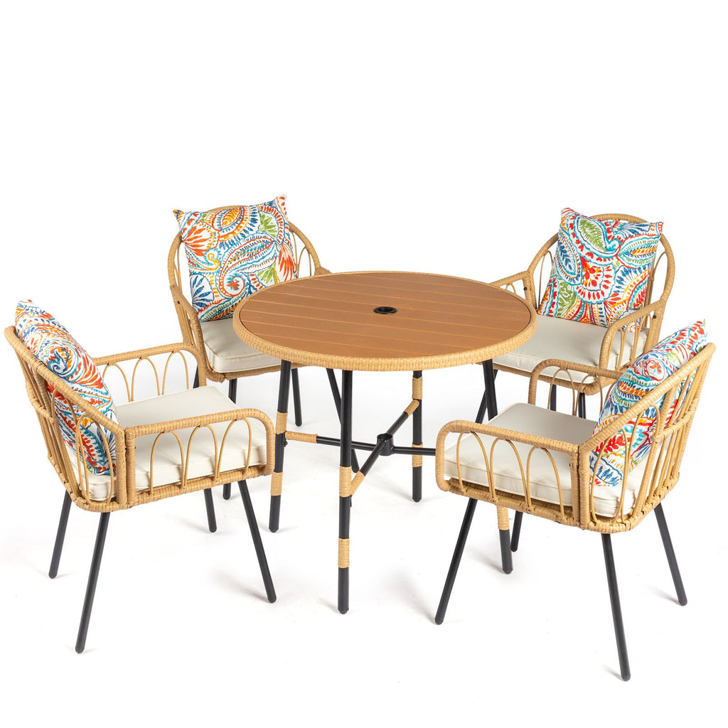 5 Pieces Patio Dining Table Chair Set, Outdoor Table and Chairs with Umbrella Hole, Patio Furniture Set Outdoor Rattan Dining Table Set for Patio, Backyard, Balcony, Garden