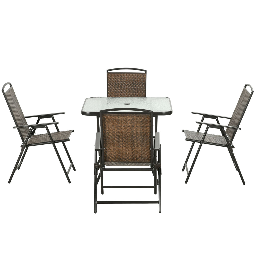 5 Pieces Patio Table and Chairs, Foldable Wicker Outdoor Dining Table Set with Umbrella Hole, Dark Brown