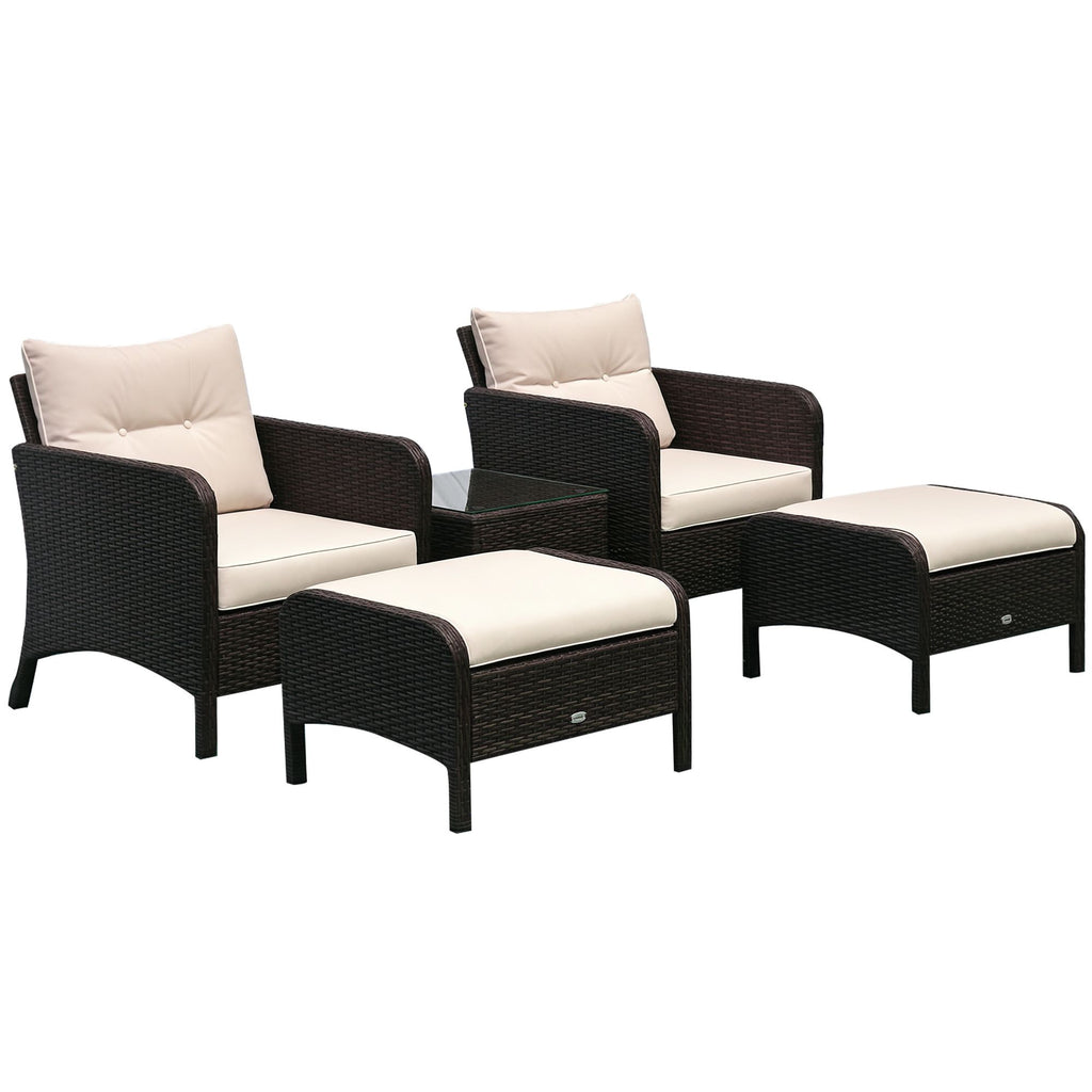 5 Pieces Rattan Wicker Lounge Chair Outdoor Patio Conversation Set with 2 Cushioned Chairs, 2 Ottomans and Tempered Glass Top Coffee Table, Brown/Beige