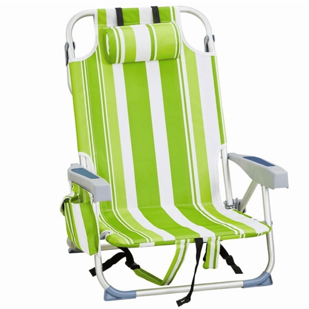 5-Position Folding Beach ChairforAdults with Headrest, Cup Holder, Cooler Bag, Shoulder Strap, Green Stripe