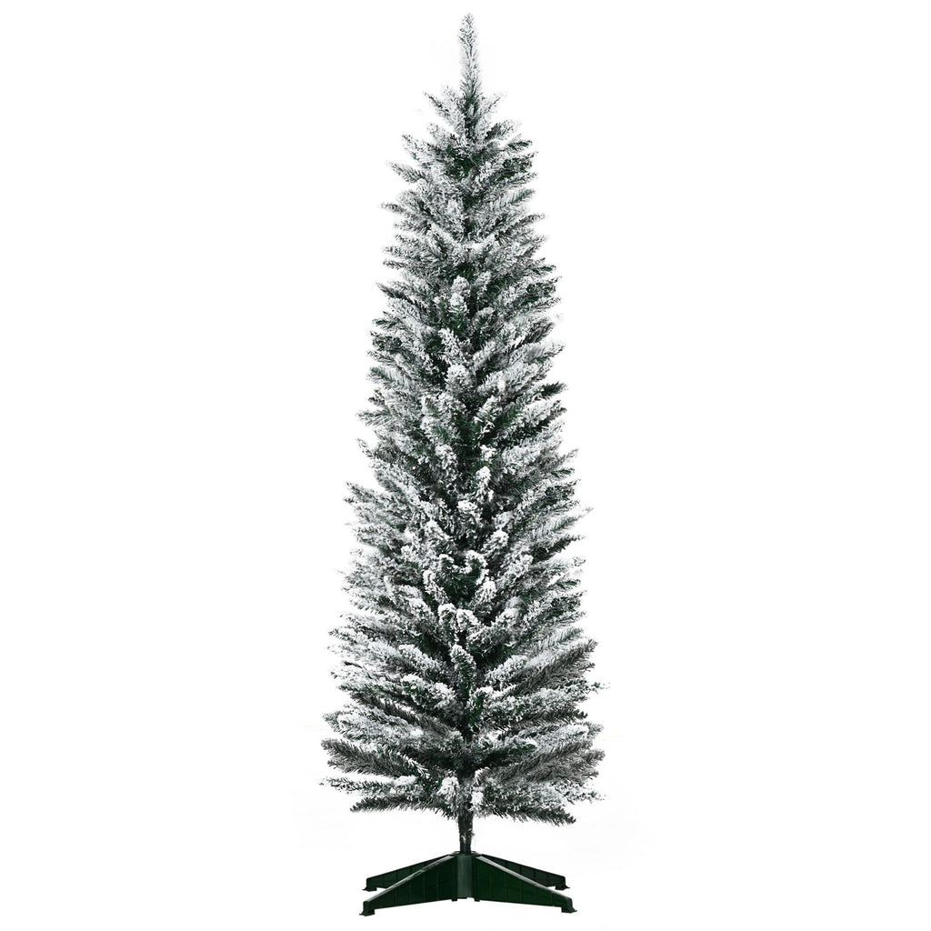 5' Snow Flocked Artificial Pencil Christmas Tree, Slim Xmas Tree with Realistic Branches and Plastic Base Stand for Indoor Decoration, Green