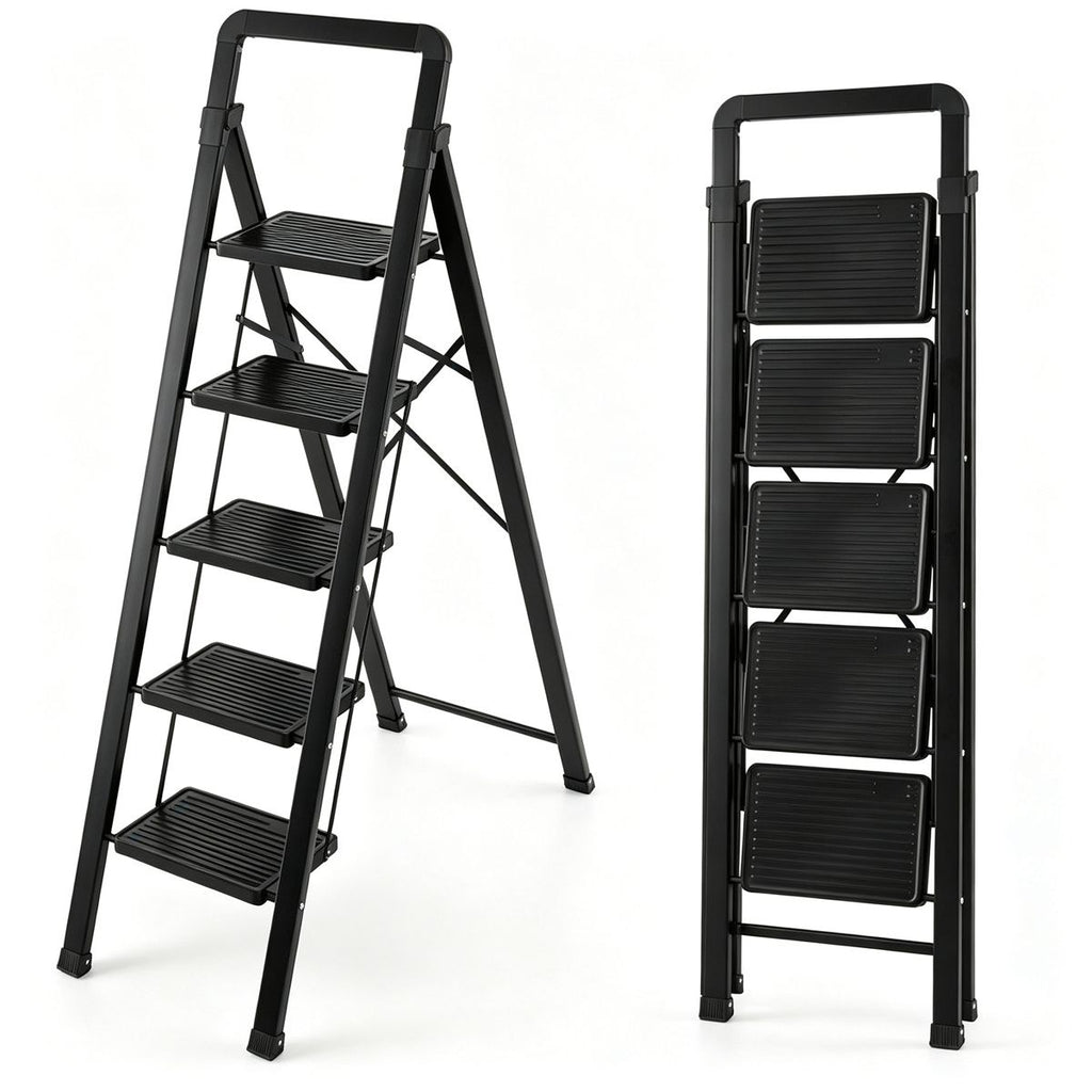 5 Step Folding Step Ladder, 330 lbs Heavy-Duty Metal Step Stool with Reinforced X-Structure, Anti-Slip Wide Pedals Portable Foldable Ladder for Home Kitchen Cleaning Decor