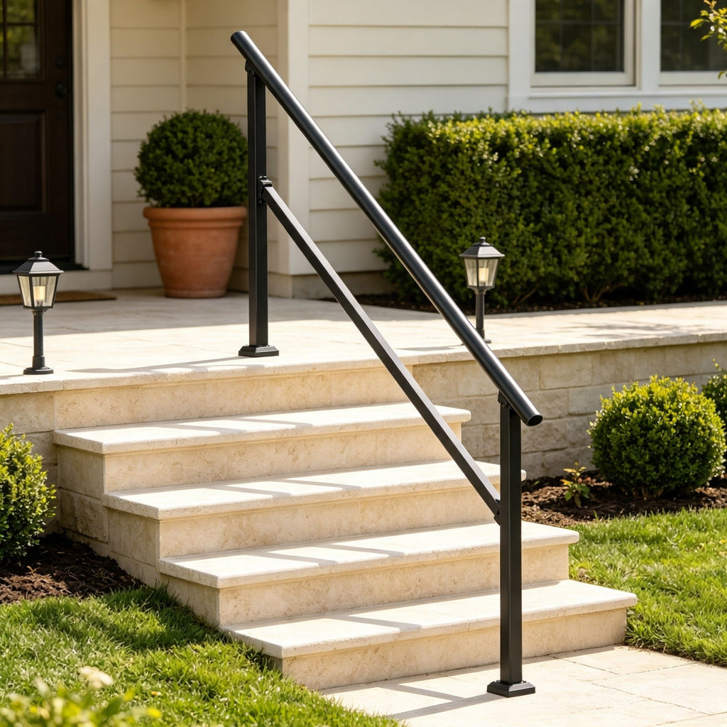 5-Step Stair Handrail Kit, Transitional Black Square Tube Design with Installation Hardware, for Outdoor Steps, Porch & Deck