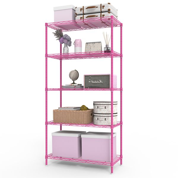 5-tier, adjustable shelf spacing, display rack with adjustable feet, made of iron, 74*34*150cm, powder-coated matte Barbie pink