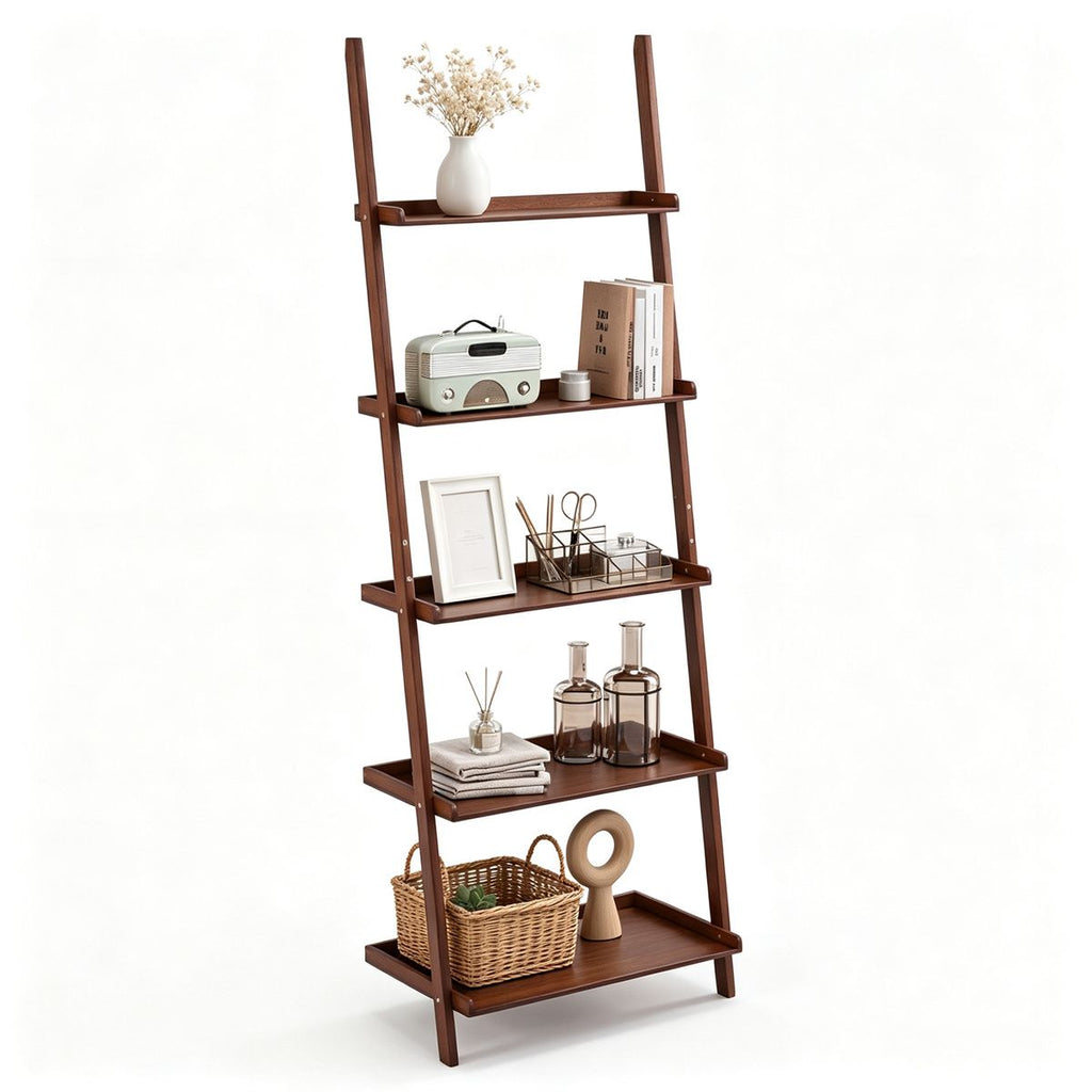 5-Tier Bamboo Leaning Ladder Shelf, Minimalist Wall-Leaning Storage Rack with Anti-Tipping Device, Waterproof Natural Bamboo Display Shelf with Raised Edge for Living Room Bathroom Kitchen